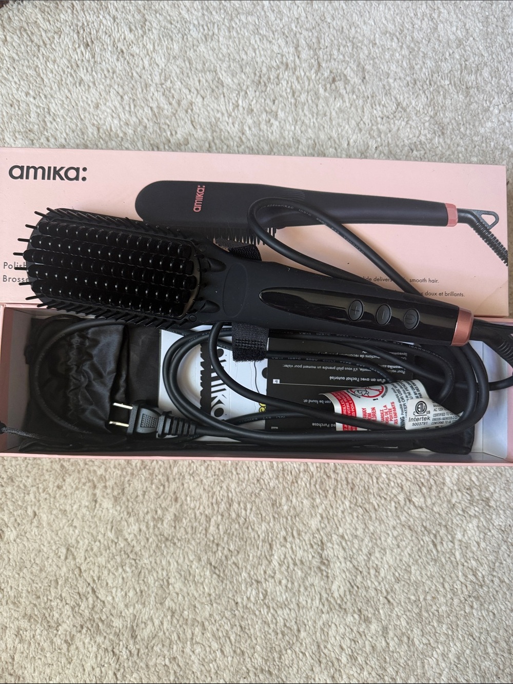 amika Black Straightening Hot Brush with Rose Gold Trim